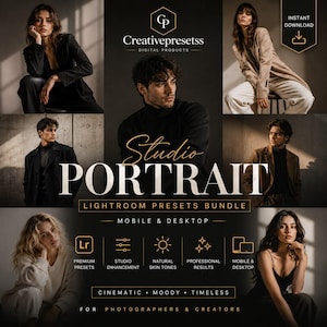Può includere: Un pacchetto di prodotti digitali per preset Lightroom intitolato Studio Portrait. La grafica presenta sei ritratti di persone in vari abiti, icone dorate per le funzioni e testo che include Creativepresetss Digital Products.
