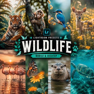 May include: A digital graphic featuring a collage of wildlife including a tiger, monkey, kingfisher, deer, flamingos, butterfly, otter, and sea turtle. The text reads Lightroom Presets Wildlife Mobile & Desktop with a blue Lr logo icon.