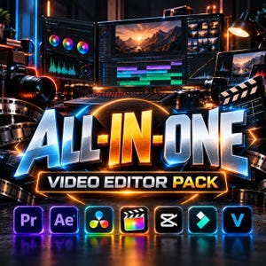 May include: A digital graphic featuring the bold text ALL-IN-ONE VIDEO EDITOR PACK. Below the text are seven square icons representing video editing software, including Pr, Ae, and other symbols, set against a background of computer monitors.