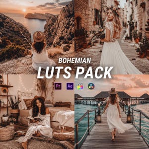 Peut inclure: Un affichage de produit numérique intitulé BOHEMIAN LUTS PACK présentant quatre scènes photographiques de personnes en vêtements blancs et chapeaux, incluant une vue sur falaise, une rue en pierre, une chambre et un ponton en bois.