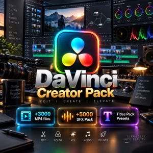 May include: A digital product display for the DaVinci Creator Pack featuring a colourful logo, text reading Edit, Create, Elevate, and three glowing rectangular panels labelled +3000 MP4 files, +5000 SFX Pack, and Titles Pack Presets on a dark desk.