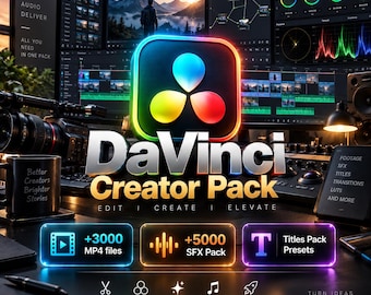 Puede incluir: Una pantalla de producto digital para el DaVinci Creator Pack con un logotipo colorido, el texto Edit, Create, Elevate y tres paneles rectangulares brillantes etiquetados como +3000 MP4 files, +5000 SFX Pack y Titles Pack Presets sobre un escritorio oscuro.