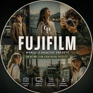 May include: A circular graphic featuring six distinct photographic scenes with a vintage aesthetic. The text FUJIFILM MOBILE & DESKTOP PRESETS 10 RETRO FILM LIGHTROOM PRESETS is centred. Icons for camera, devices, settings, and download are at the bottom.