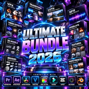 May include: A digital product collection titled Ultimate Bundle 2026, featuring various creative asset categories like VFX, transitions, LUTs, SFX, overlays, 3D models, textures, brushes, and photo presets, with software compatibility icons displayed below.