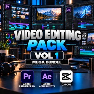 May include: A digital video editing pack featuring the text "VIDEO EDITING PACK VOL 1 MEGA BUNDEL" with icons for Adobe Premiere Pro, Adobe After Effects, and CapCut displayed on a computer workstation with multiple monitors showing editing software.