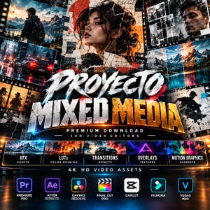 May include: A digital graphic featuring the text PROYECTO MIXED MEDIA, PREMIUM DOWNLOAD FOR VIDEO EDITORS, and 4K HD VIDEO ASSETS. It includes a collage of cinematic imagery, icons for software like Premiere Pro, After Effects, and DaVinci Resolve.