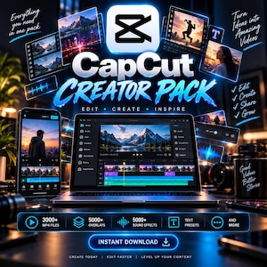 Puede incluir: Un anuncio digital del CapCut Creator Pack con un portátil y un smartphone mostrando software de edición de vídeo. El texto incluye CapCut Creator Pack, Edit Create Inspire, 3000+ MP4 files, 5000+ overlays, 5000+ sound effects, text presets e Instant Download.