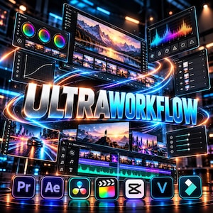 May include: A digital interface display featuring the text ULTRAWORKFLOW in bold, metallic 3D letters. Surrounding the text are multiple floating panels showing video editing software tools, color wheels, audio waveforms, and various project timelines.