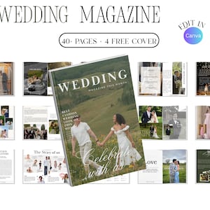 Può includere: Un modello di rivista di matrimonio digitale con 40 pagine e 4 opzioni di copertina. La copertina principale mostra una coppia che cammina in un campo con il testo "WEDDING MAGAZINE THIS MONTH" e "Celebrate with us" in corsivo bianco.