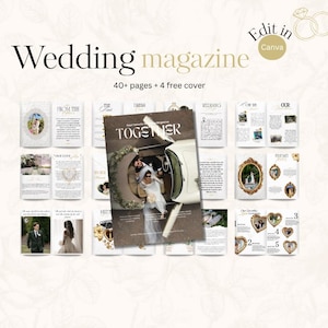 Modello personalizzato per la copertina di una rivista di matrimonio, album fotografico digitale modificabile su Canva.