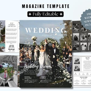 Può includere: Un modello di rivista con il titolo "WEDDING" e il testo "Completamente modificabile". La copertina presenta una coppia che celebra il proprio matrimonio. Pagine aggiuntive includono consigli per la luna di miele e il matrimonio. È incluso un giornale di nozze gratuito.