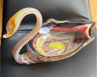 Murano Art Glass Swan Bowl Dish 12" Sculpture Orange - MCM Hand Blown Colorful