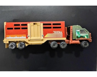 Vintage jaren 80 TONKA Livestock Semi Truck Vee Trailer bruin staal speelgoed 10,5"