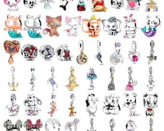 Pandora Compatible Cartoon Charm Beads for Bracelet, Mickey Minnie Princess Kitty Animal Dangle Charms Gift for Her