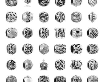 Vintage Style Silver Spacer Beads Large Hole European Bracelet Beads, Patterned Metal Charm Beads Compatible with Pandora Bracelet