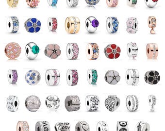 Pandora Compatible Clip Stopper Beads for Bracelet, Crystal Spacer Clips, Flower Heart Star Silver Gold Rose Gold Bracelet Stopper Bead