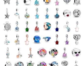 S925 Ocean Animal Charm Beads, Pandora Style Compatible Sea Turtle Dolphin Starfish Dangle Charms, Beach Gift for Her