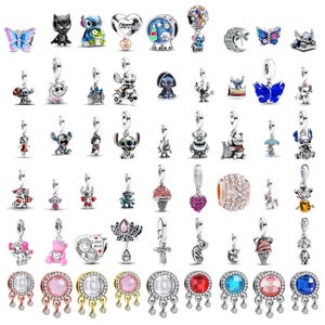 Pandora compatible Disney Stitch cartoon charm beads collection with 59 numbered bracelet charms, heart, butterfly, animal and crystal dangle charms