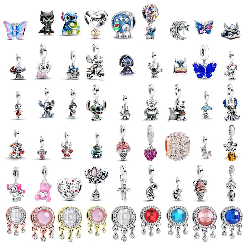 Pandora compatible Disney Stitch cartoon charm beads collection with 59 numbered bracelet charms, heart, butterfly, animal and crystal dangle charms