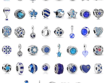 Pandora Charms Bracelet Beads Blue Crystal Silver Tone Charm Beads Star Moon Heart Ocean Travel Fairy Tale Compatible Gift for Her