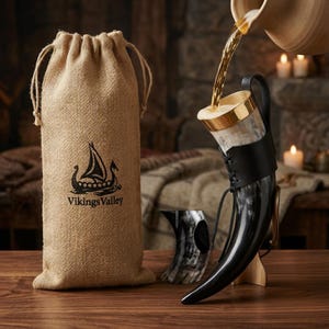 Natural Ox Horn Drinking Horn, Handmade Viking Mead Mug with Brass Rim, Medieval Cup with Leather Holder & Wooden Stand, Groomsmen Gift