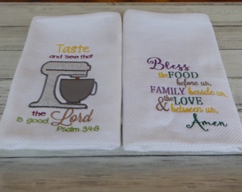 Kitchen towel, Christian themed dish towel, Custom Embroidered kitchen towel, Coffee and Jesus, Taste and See or Bless the Food