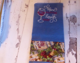 Kitchen towel, custom embroidered wine theme, Wine a little Laugh A lot, waffle weave, wine glass, bar towel, kitchen towel, personal gift