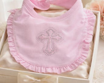 Pink Ruffled Knit Baby Bib: Embroidered Cross, Christening Gift