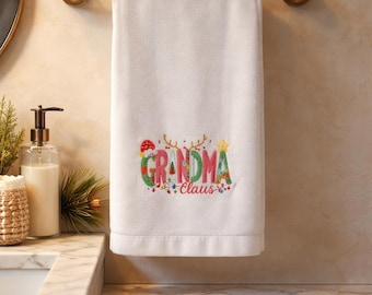 Embroidered Christmas Hand Towel: Grandma Claus Kitchen Bathroom Decor