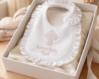 Baptism bib and burp cloth gift set:  Christening set personalized