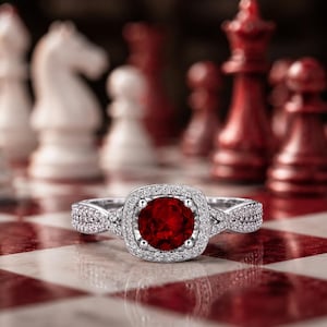Puede incluir: Un anillo de tono plateado con una piedra central redonda de color rojo intenso rodeada por un halo de pequeñas piedras transparentes engastadas en pavé. La banda tiene un diseño de vástago dividido con piedras adicionales en los laterales.