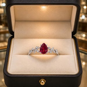 Puede incluir: Un anillo de tono plateado con una piedra preciosa roja central en forma de pera sujeta por garras. La banda presenta un diseño de motivos vegetales adornado con pequeñas piedras redondas transparentes, dentro de un joyero negro con interior crema.