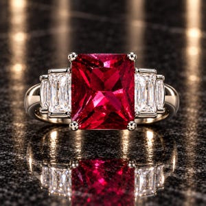 May include: A ring featuring a large, rectangular, vibrant red gemstone set in the center, flanked by two smaller, rectangular, clear white baguette-cut stones on each side, all mounted on a polished gold band with four-prong settings.