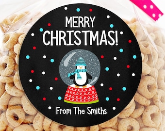 Merry Christmas Stickers - Christmas Favor Stickers - Christmas Treat Bags - Snowglobe - Canning Label - Sheet of 12 or 24