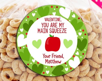 Valentine's Day Stickers - You Are My Main Squeeze - Apple Squeeze Valentines - Personalized Stickers - Sheet of 12 or 24