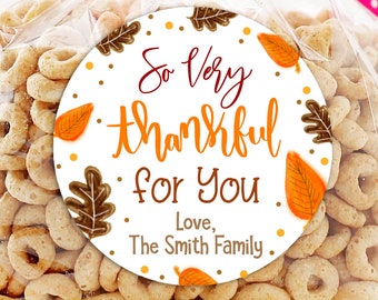 Happy Thanksgiving Stickers - So Very Thankful for You - Thanksgiving Favor Labels - Thanksgiving Treat Bags - Pumpkin - Sheet of 12 or 24