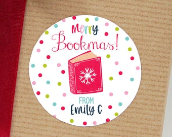 Merry Bookmas Stickers - Christmas Favor Stickers - Personalized Labels - Sheet of 12 or 24