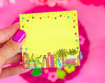 Botanical Book Shelf Sticky Notes 3" x 3" - Bookworm Gift - Notepad