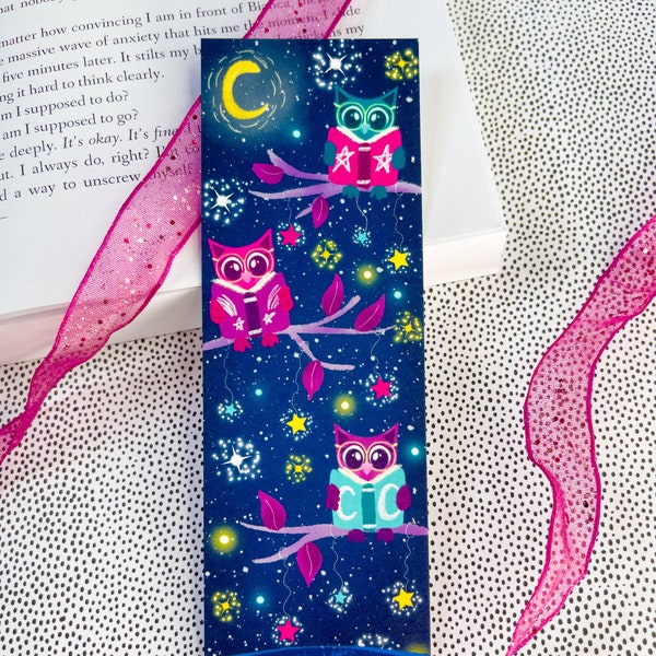 Reading Owls Bookmark - Matte Bookmark - Cute Bookmark - Celestial Bookmark