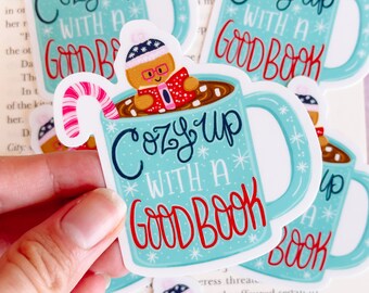 Cozy Up With a Good Book Hot Cocoa Vinyl Sticker, Bookish Vinyl Decal, Christmas Sticker, Laptop Sticker, Gingerbread Man