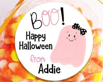 Happy Halloween Stickers - Halloween Favor Stickers - Pink Ghost Halloween Stickers - Sheet of 12 or 24 - Boo