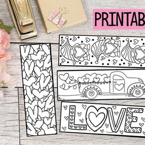 Druckbare Färbung Valentine Lesezeichen - 4er Set - Färbung Lesezeichen - Wichtel, Herzen, Liebe, Valentinstag Aktivität