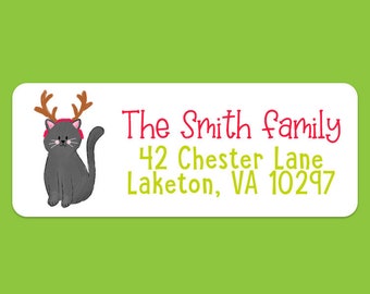 Christmas Cat Reindeer Address Labels - Return Address Label - Personalized Christmas Labels - Cat Labels - 30 Labels - Waterproof Labels