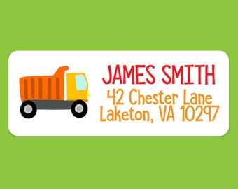 Construction Truck Address Labels - Kids Address Labels - Dump Truck Return Address - Kids Camp Labels - 30 Labels - Waterproof Labels