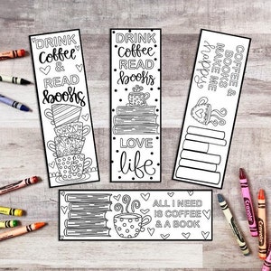 Coffee and Books Bookmarks 4 Printable Coloring Bookmarks Coffee Coloring Bookish Coloring Page Bibliophile Bookmarks image 1