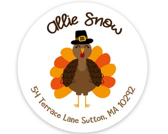 Thanksgiving Address Labels - Round Return Labels - Kids Address Stickers - Stationery Stickers - Turkey Return Address - Sheet of 12 or 24