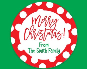 Merry Christmas Stickers - Christmas Favor Stickers - Christmas Treat Bags - Canning Label - Sheet of 12 or 24 - Polka Dot Labels