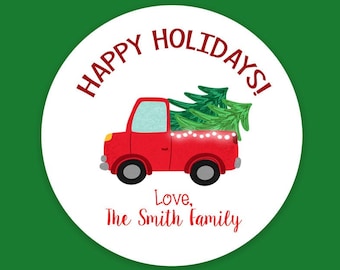 Happy Holidays Christmas Truck Stickers - Christmas Favor Stickers - Christmas Treat Bags - Mason Jar Label - Sheet of 12 or 24