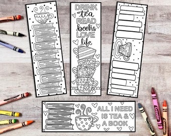 Tea and Books Bookmarks - 4 Printable Coloring Bookmarks - Tea Cups - Bookish Coloring Page - Bookworm Bookmarks