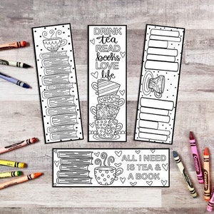 Tea and Books Bookmarks - 4 Printable Coloring Bookmarks - Tea Cups - Bookish Coloring Page - Bookworm Bookmarks